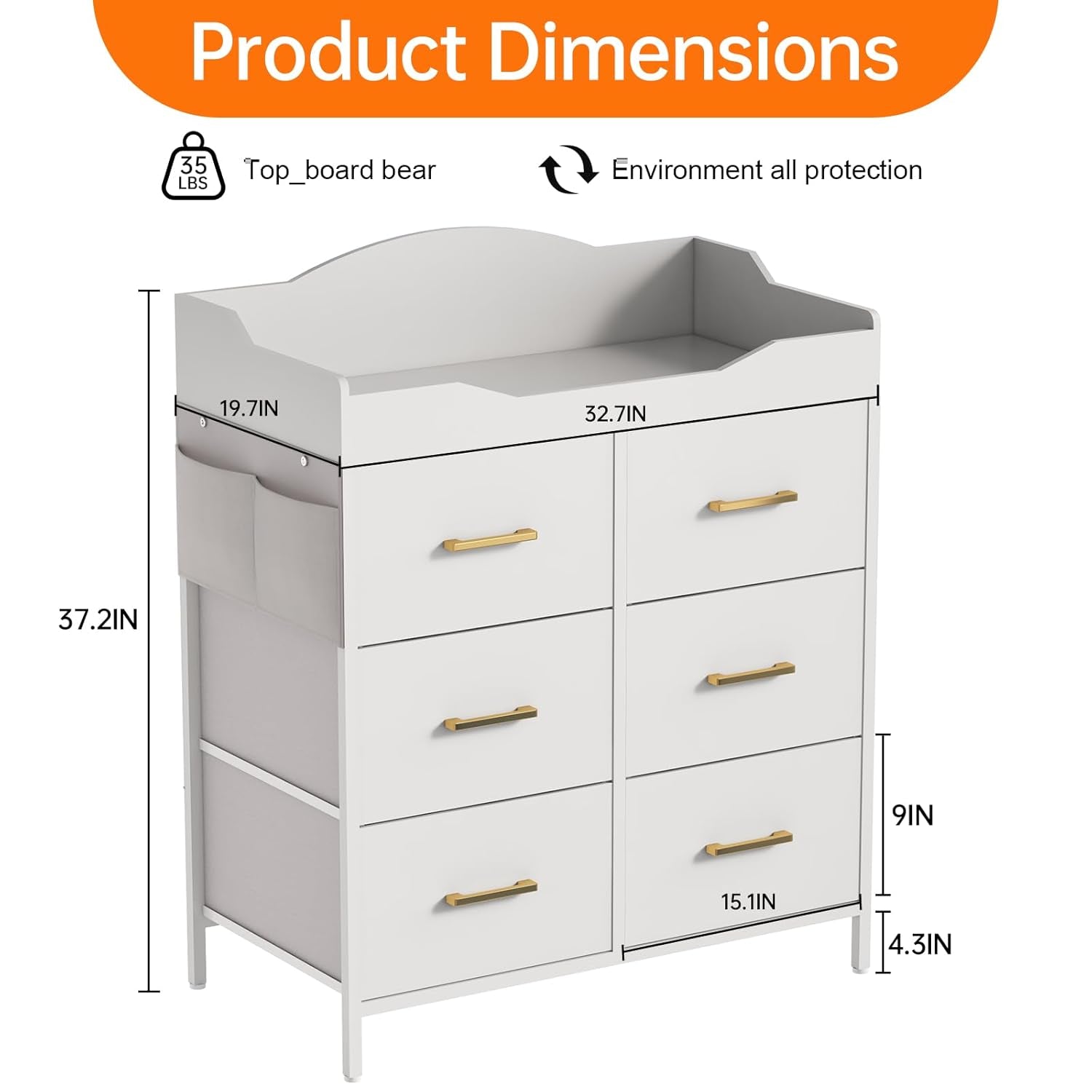 White Changing Table Dresser with 6 Fabric Drawers and Side Pockets, Nursery Dresser with Changing Top, Baby Dresser with Drawers, Diaper Changing Station for Nursery and Bedroom
