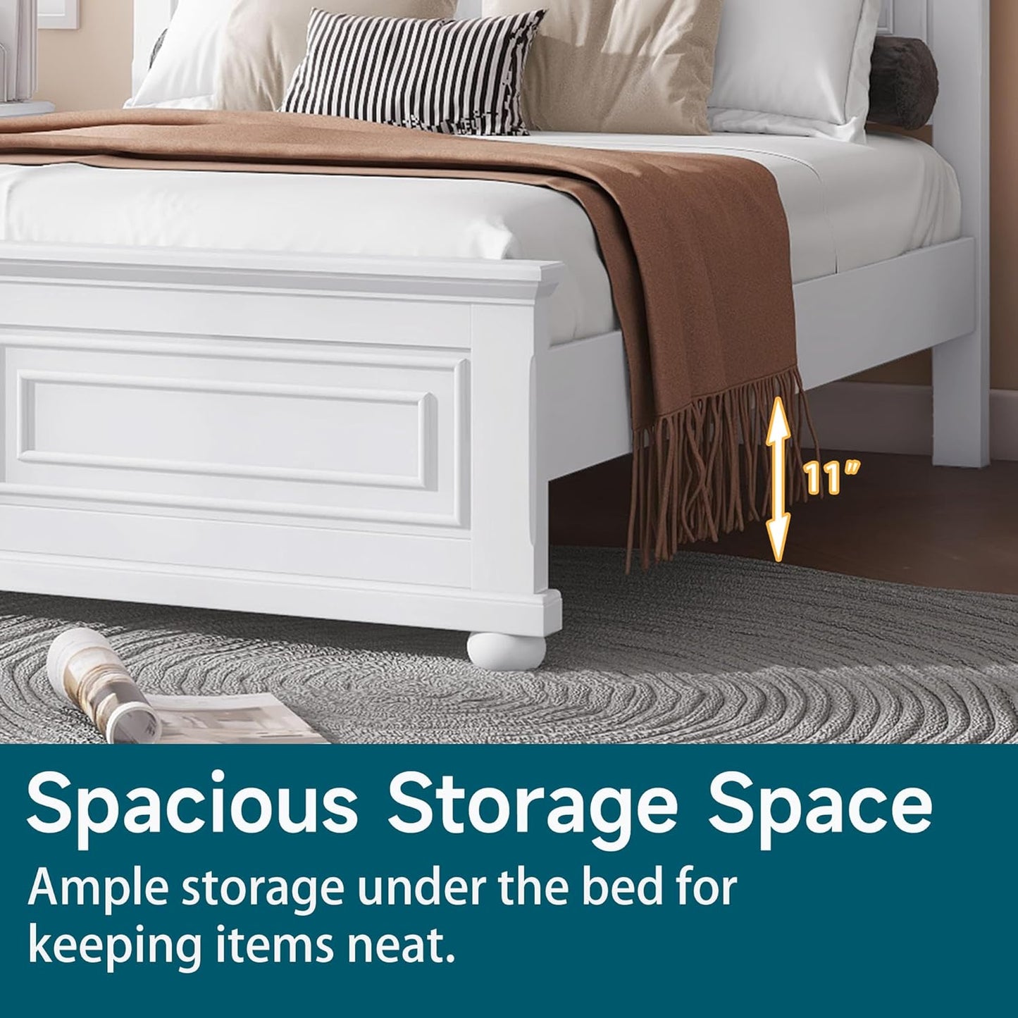 Farmhouse Queen Size Bed Frame with 52" Tall Headboard, Wood Platform Bed Frame with Footboard, Mid-Centery Queen Beds with Slats Support, No Box Spring Needed, White