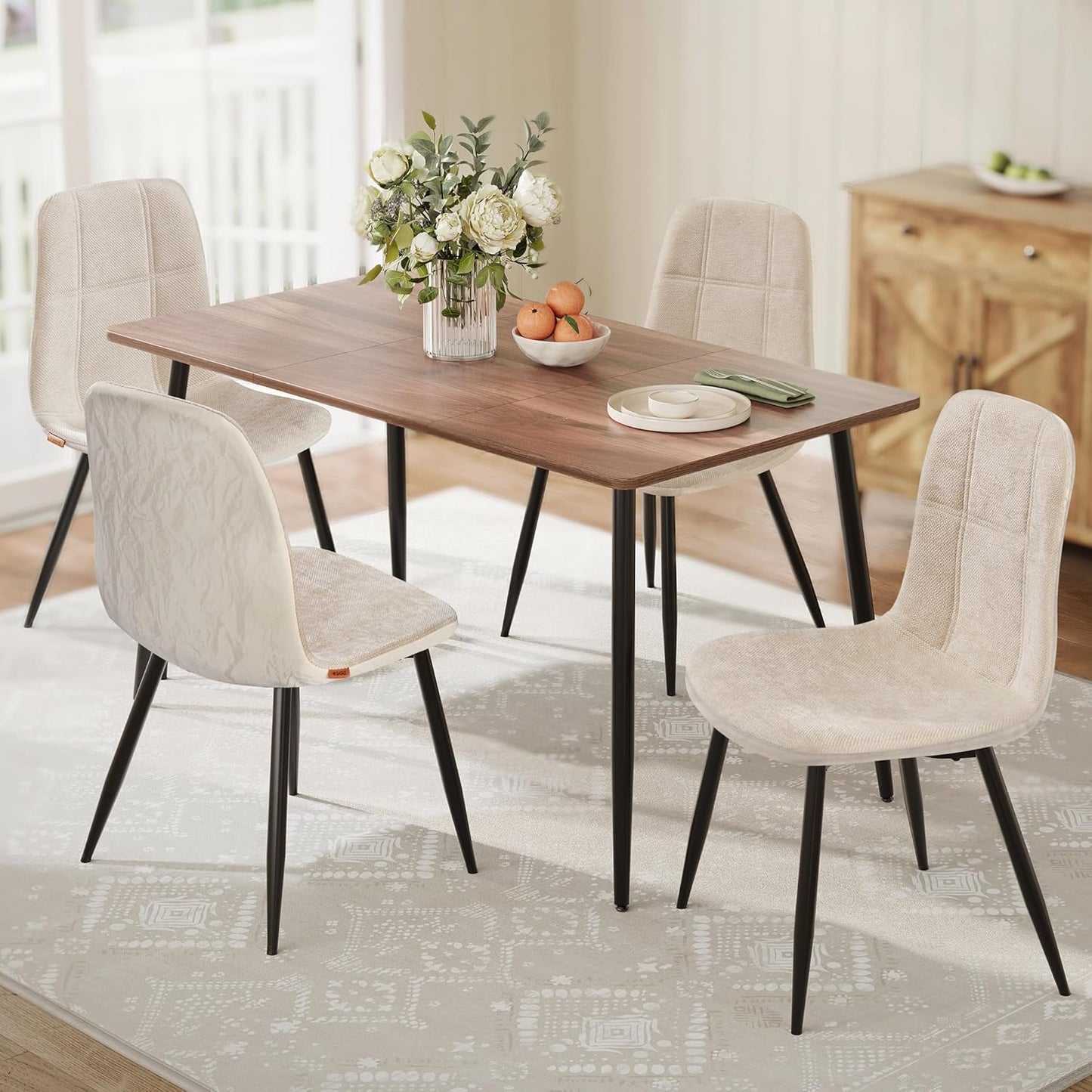 Dining Chairs, Set of 4 Dining Room Chairs, Metal Frame, Adjustable Feet, Easy to Clean, Chenille Fabric, Glacier-Textured Synthetic Leather, for Kitchen, Cream White UKDC188W01