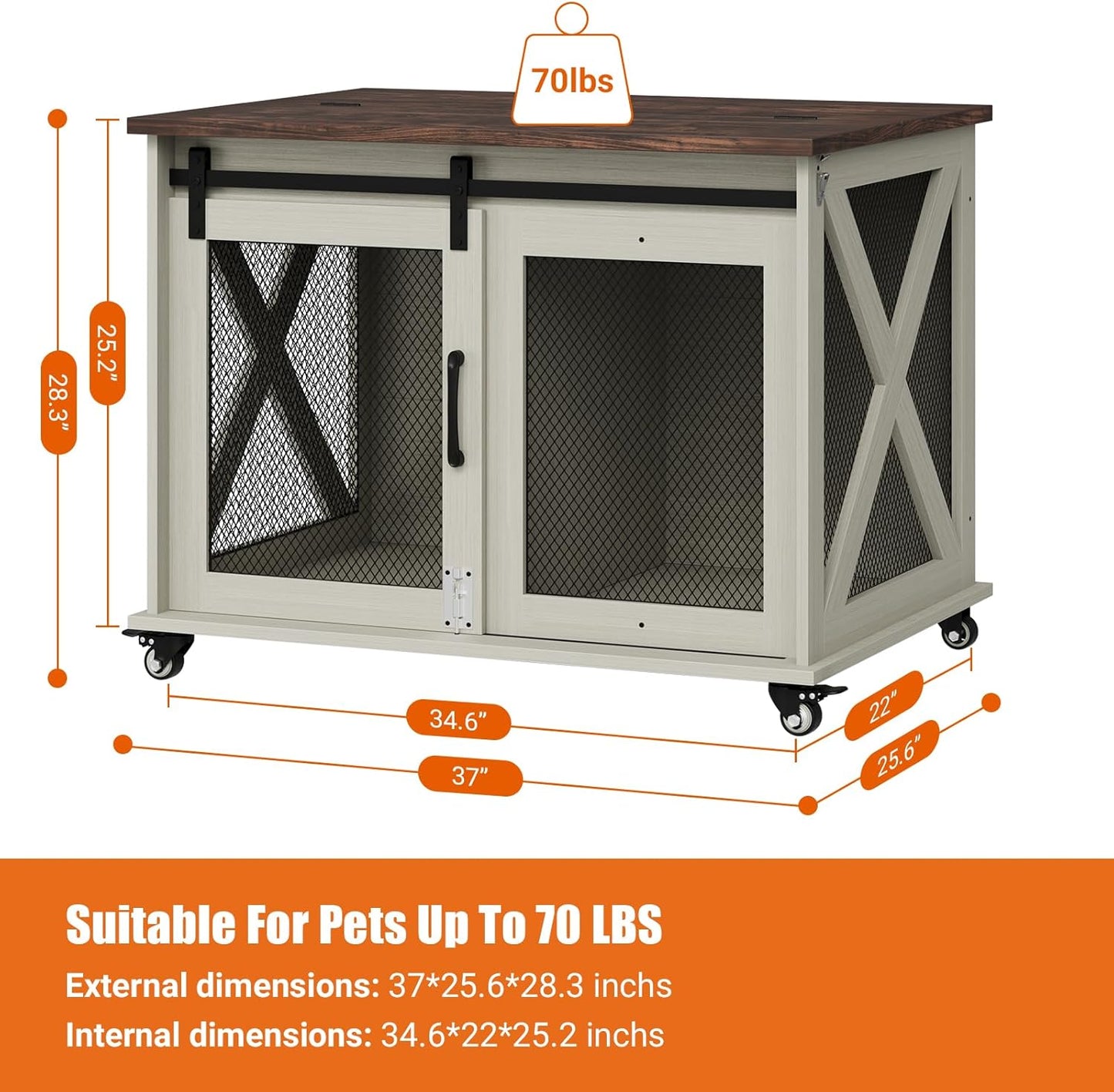 37" Dog Crate Furniture, Side End Table, Farmhouse Dog Crate with Sliding Barn Door, Flip Top Wooden Dog Kennel with Wheels and Movable Divider, Indoor Dog Cage House for Medium Dogs