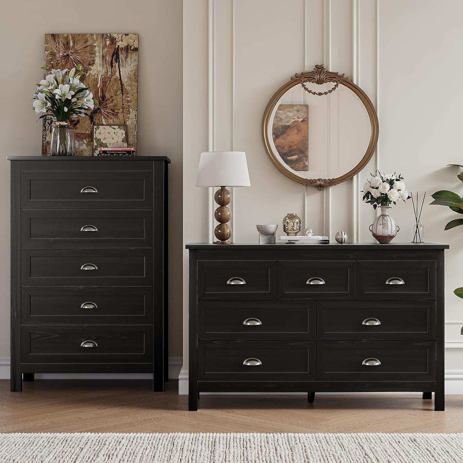 Farmhouse 2-Piece Bedroom Dresser Set, 7 Drawer Wide Dresser & 5 Drawer Tall Dressers, Distressed Wood Grain Finish with Shell Handles, Dressers Chest of Drawers for Bedroom