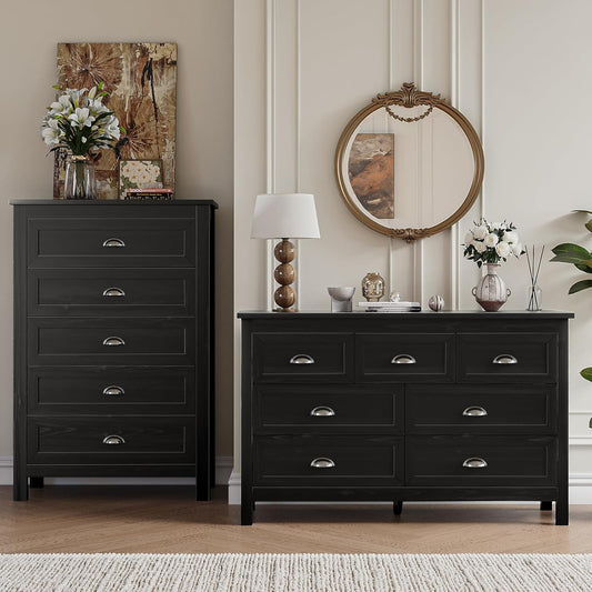 Farmhouse 2-Piece Bedroom Dresser Set, 7 Drawer Wide Dresser & 5 Drawer Tall Dressers, Distressed Wood Grain Finish with Shell Handles, Dressers Chest of Drawers for Bedroom