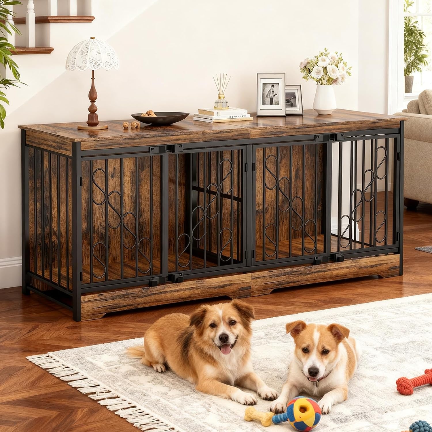 71 Inch Double Dog Crate Furniture for 2 Dogs, Decorative Wooden Dog Crates Indoor Dog Kennel TV Stand for Large Medium Small Dogs, Dog Cage Furniture Heavy Duty Pet House with Divider, Brown