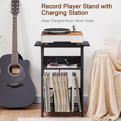 Record Player Stand with Charging Station, Large Turntable Stand with Storage Cabinet, 3 Tier End Table Hold up to 100 Albums, Record Stand for Vinyl, Living Room, Black, HETCD012BK-1