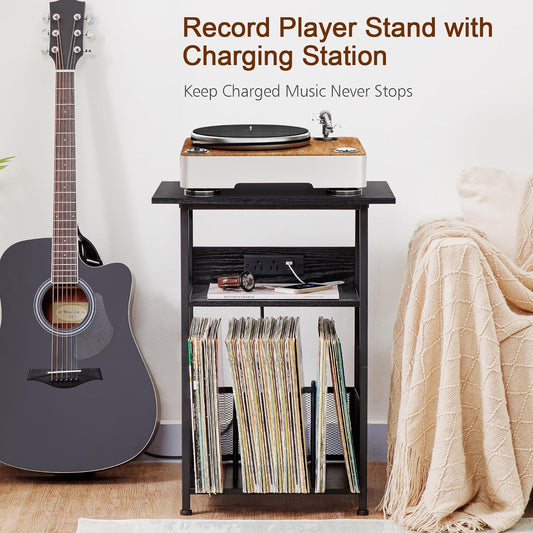 Record Player Stand with Charging Station, Large Turntable Stand with Storage Cabinet, 3 Tier End Table Hold up to 100 Albums, Record Stand for Vinyl, Living Room, Black, HETCD012BK-1