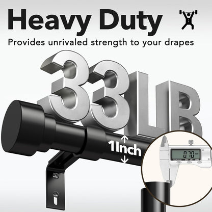 Heavy Duty Curtain Rods for Windows 66 to 120 Inch, 1 Inch Adjustable Black Curtain Rod Set with Easy Installation and Modern Design (A1,Black,30-120")