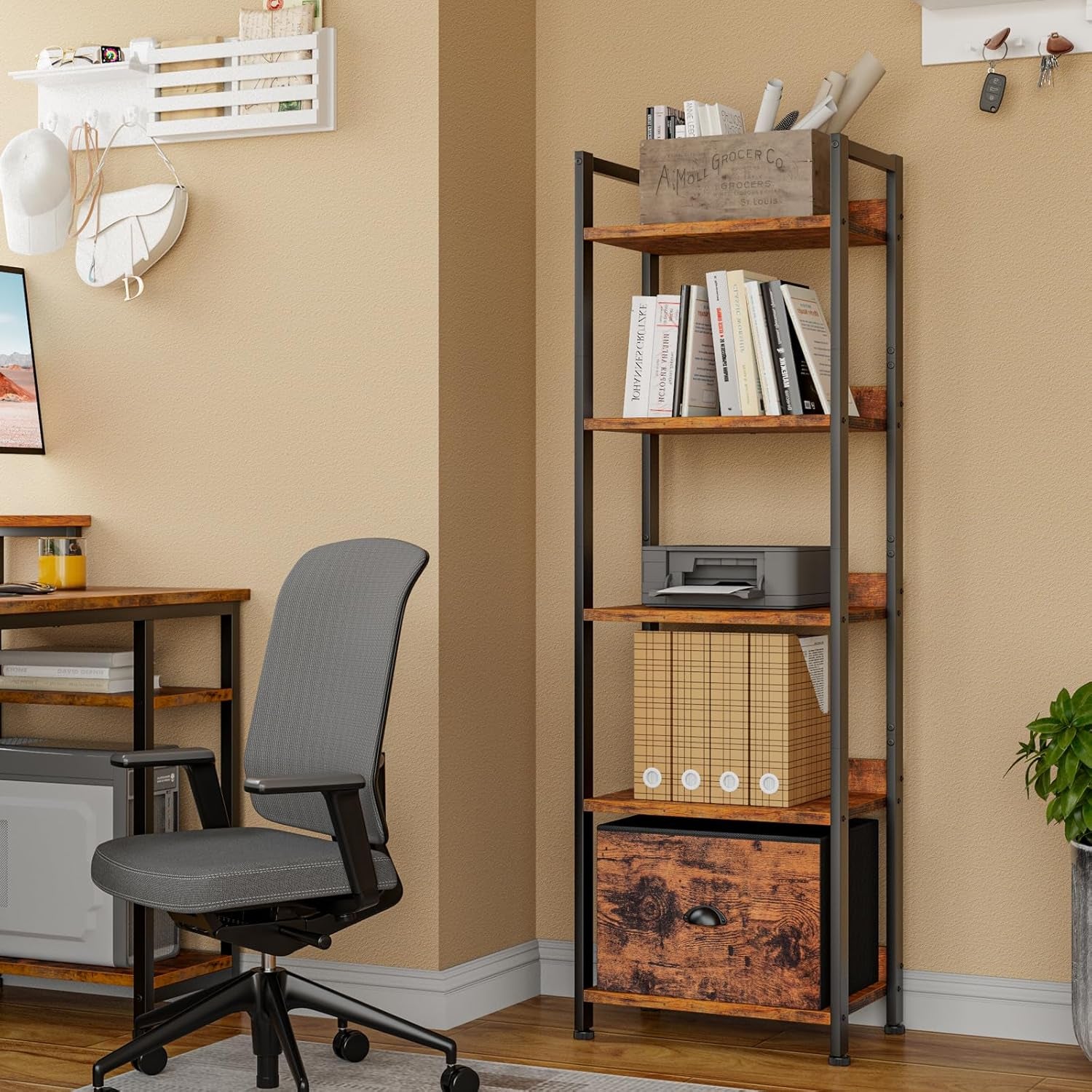 5 Tier Bookshelf with Drawer, Tall Narrow Bookcase with Shelves, Wood and Metal Bookshelves Storage Organizer, Industrial Display Standing Shelf Unit for Bedroom, Living Room, Rustic Brown
