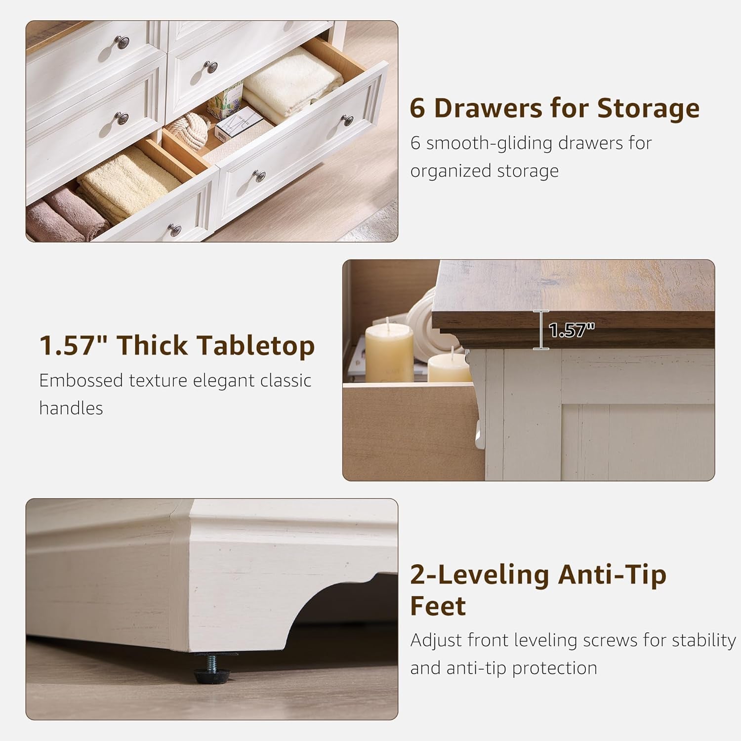 Farmhouse 6 Drawers Dresser for Bedroom, 54" Wide Large Dressers & Chests of Drawers W/Roman Column, Wooden Dresser TV Stand with Large Drawers for Nursery Bedroom Living Room Hallway, Antique White