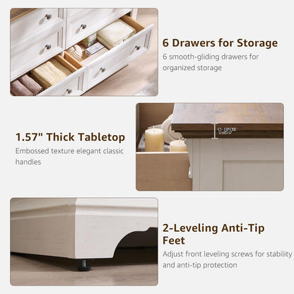 Farmhouse 6 Drawers Dresser for Bedroom, 54" Wide Large Dressers & Chests of Drawers W/Roman Column, Wooden Dresser TV Stand with Large Drawers for Nursery Bedroom Living Room Hallway, Antique White