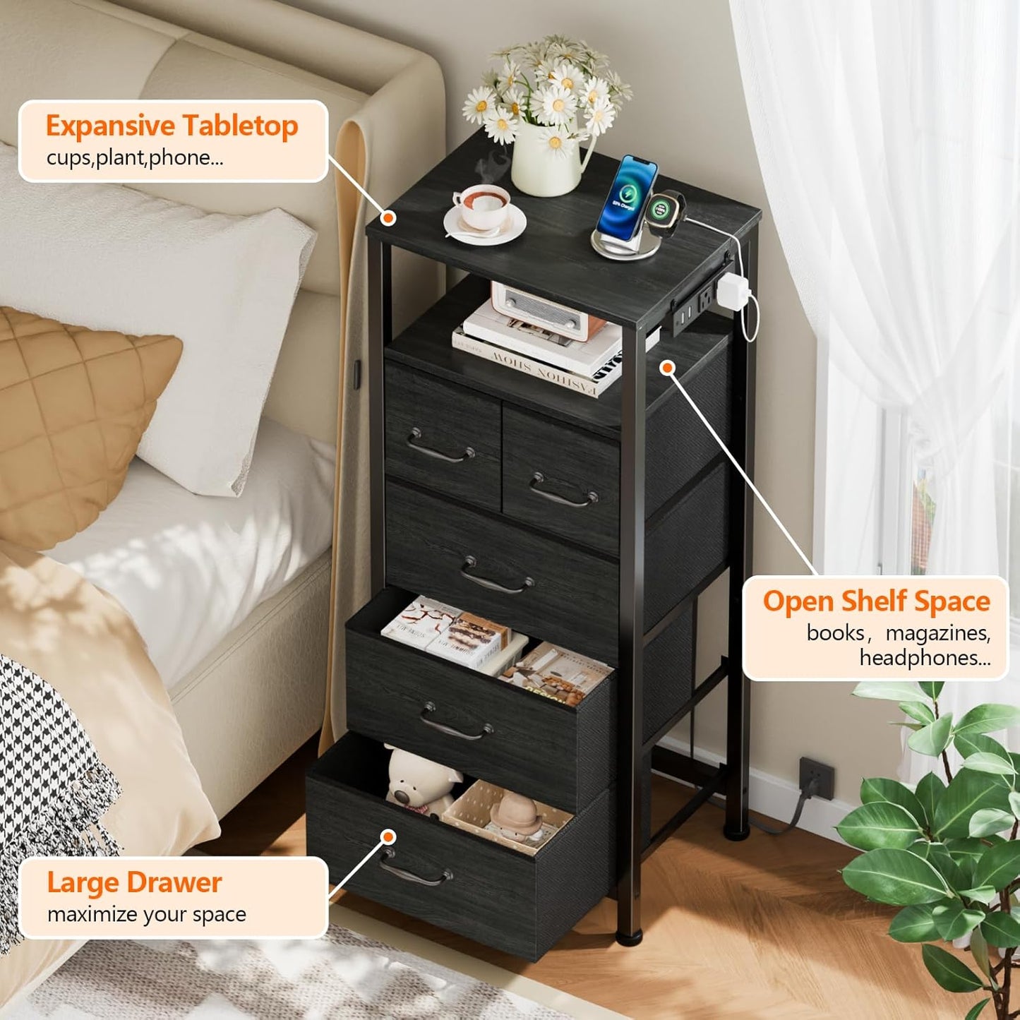 Dresser for Bedroom, Tall Nightstand, Vertical Chest with Wood Top, Charging Station, LED Lights, 5 Fabric Bins, Bedside Table with Shelf, Furniture for Entryway (5 Drawer, Black Oak)