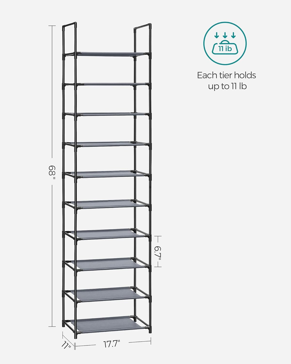 Shoe Rack, 10-Tier Shoe Shelf, Shoe Storage Organizer, 11 X 17.7 X 68 Inches, Metal Frame, Non-Woven Fabric Shelves, for Entryway, Bedroom, Gray ULSH010G01
