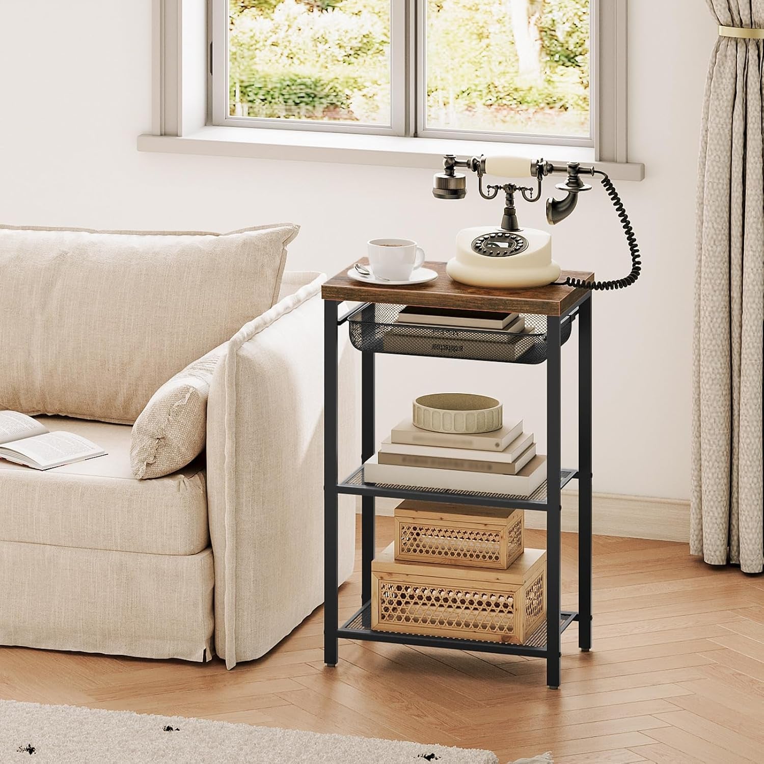 Small Side Table, Industrial Tall End Table with Adjustable Metal Mesh Basket, Telephone Table with Storage Shelf for Living Room, Bedroom, Hallway, Easy Assembly, Rustic Brown BF02DH01