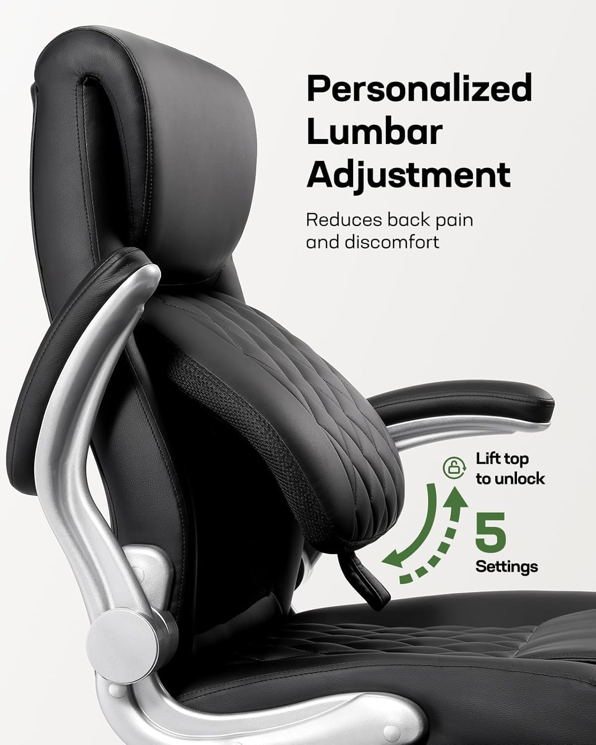 Ergonomic Pu-Leather Office Chair: 5 Settings Lumbar Support, Executive Office Chair Height Adjustable with Padded Flip-Up Arms, Executive Desk Chair for Working Study-Black