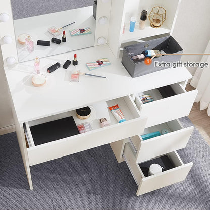 Makeup Vanity with Lights, 37Inch Vanity Desk, 4 Large Drawers Dresser with Lighted Mirror, 3 Lighting Modes Brightness Adjustable, White