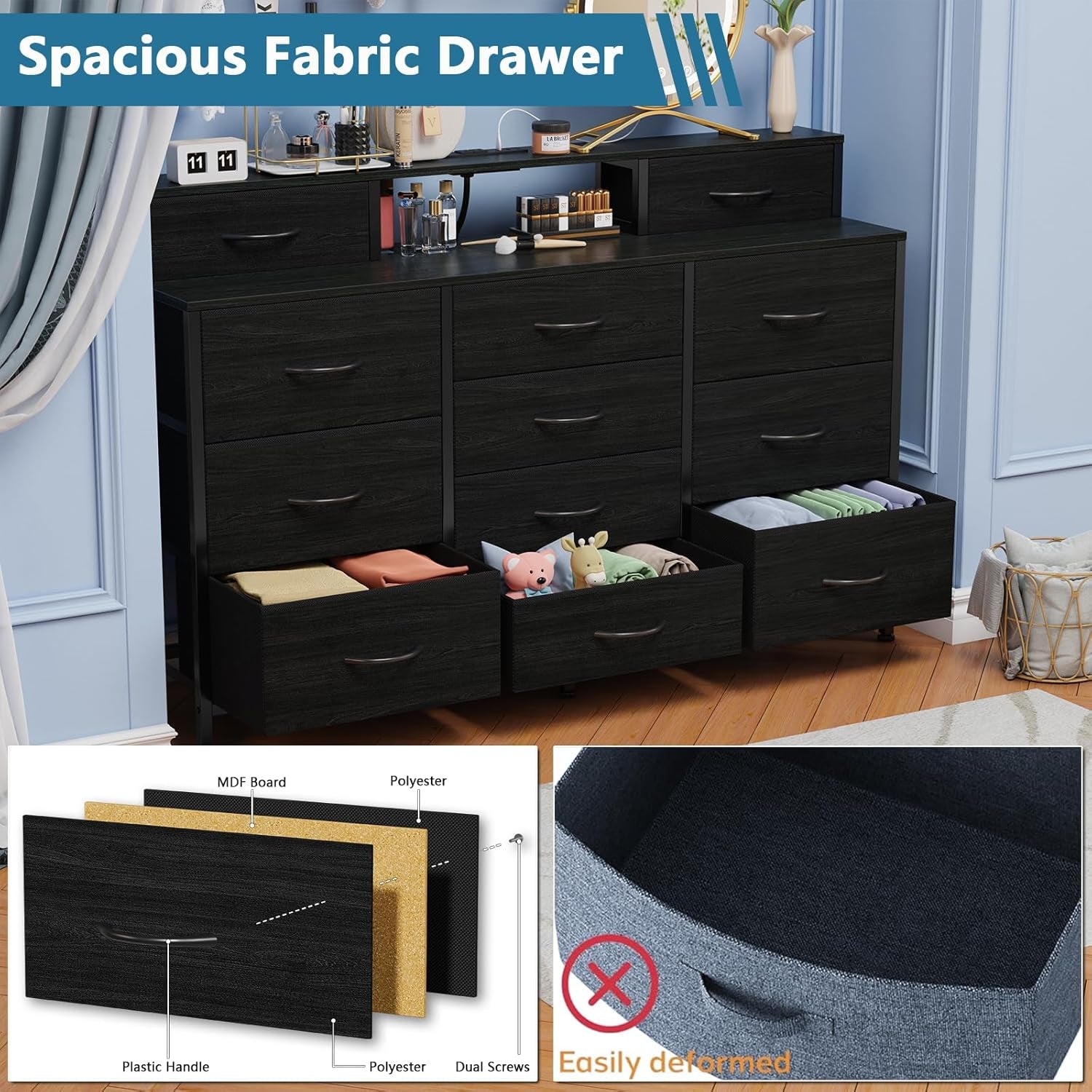 55" W Dresser for Bedroom with LED Lights and Power Outlets,Black Large 12 Storage Drawers Long Fabric Chests Dressers with 2 Shelves for Closet,Living Room,Entryway,Wooden Top,Metal Frame
