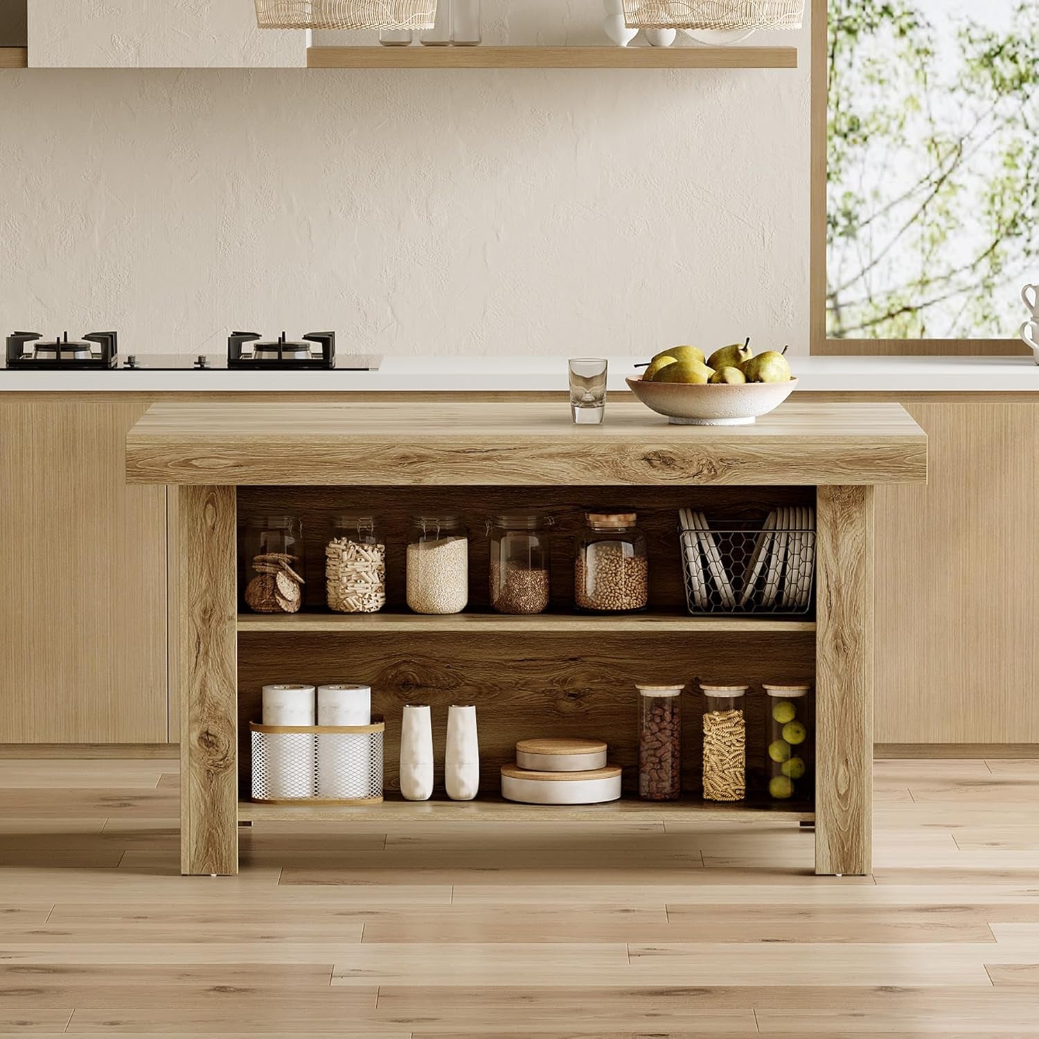 55 Inches Kitchen Island with Storage, 3-Tier Farmhouse Wooden Stationary Island Table with Large Worktop & Leg Room, Modern Coffee Bar Table with Storage Shelf for Kitchen, Oak