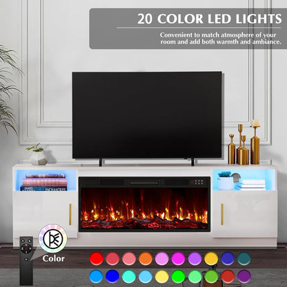 Fireplace Tv Stand with 36 Inch Fireplace up to 80" Tvs,Led Light Entertainment Center and Storage, 70" Modern Wood Media TV Console with Highlight Cabinet for Living Room (White)