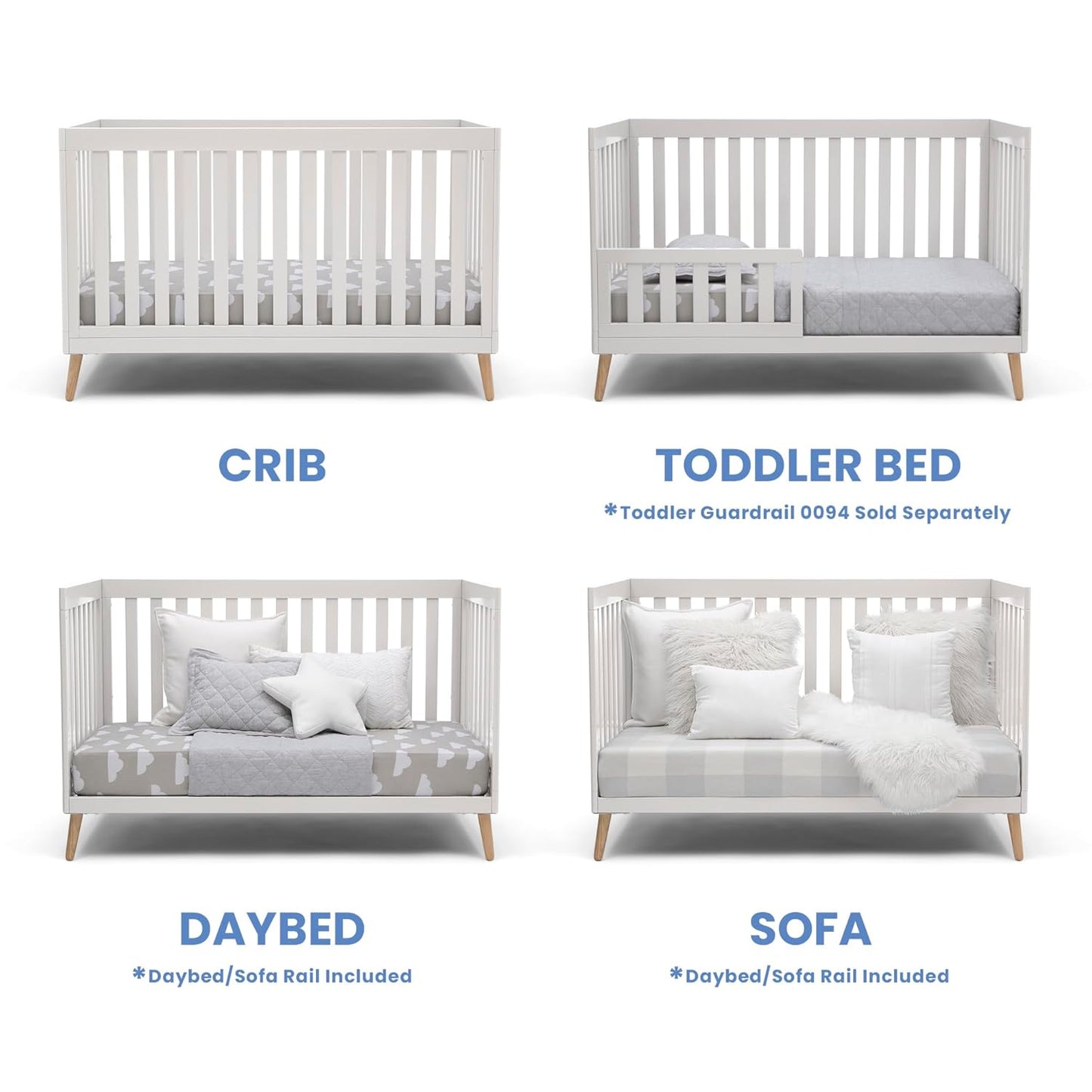 Essex 4-In-1 Convertible Baby Crib, Bianca White with Natural Legs