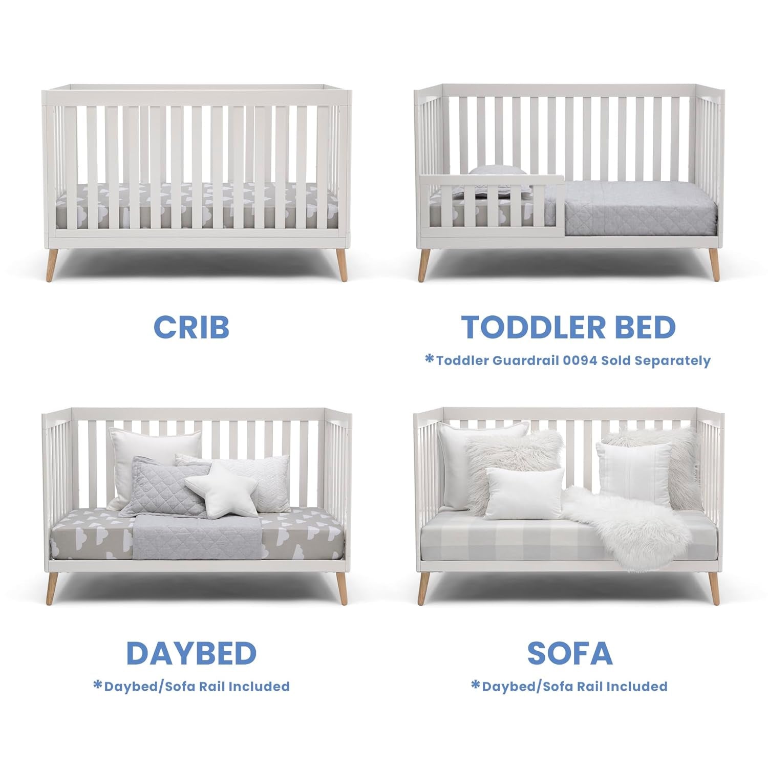 Essex 4-In-1 Convertible Baby Crib, Bianca White with Natural Legs
