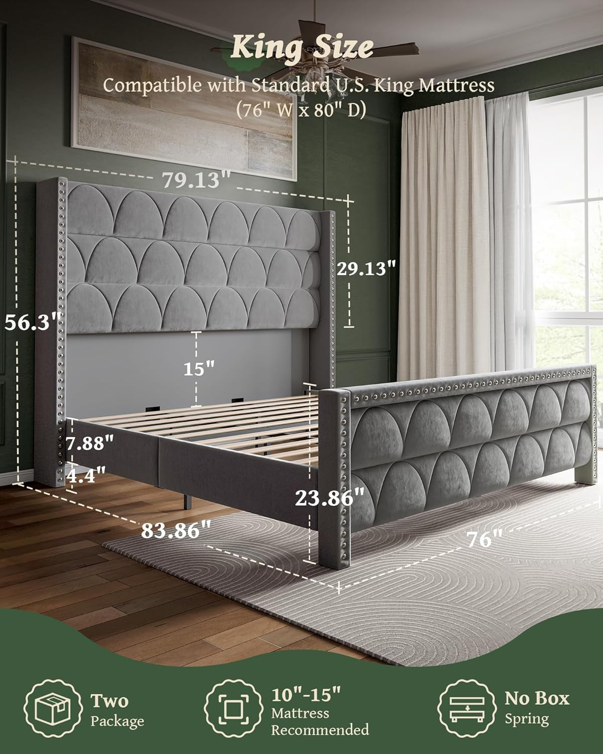 King Size Bed Frame with 56" Headboard - Velvet Upholstered Wingback Platform Bed Frame, Noise Free, Sturdy Wooden Slat Support (Deep Gray, King)
