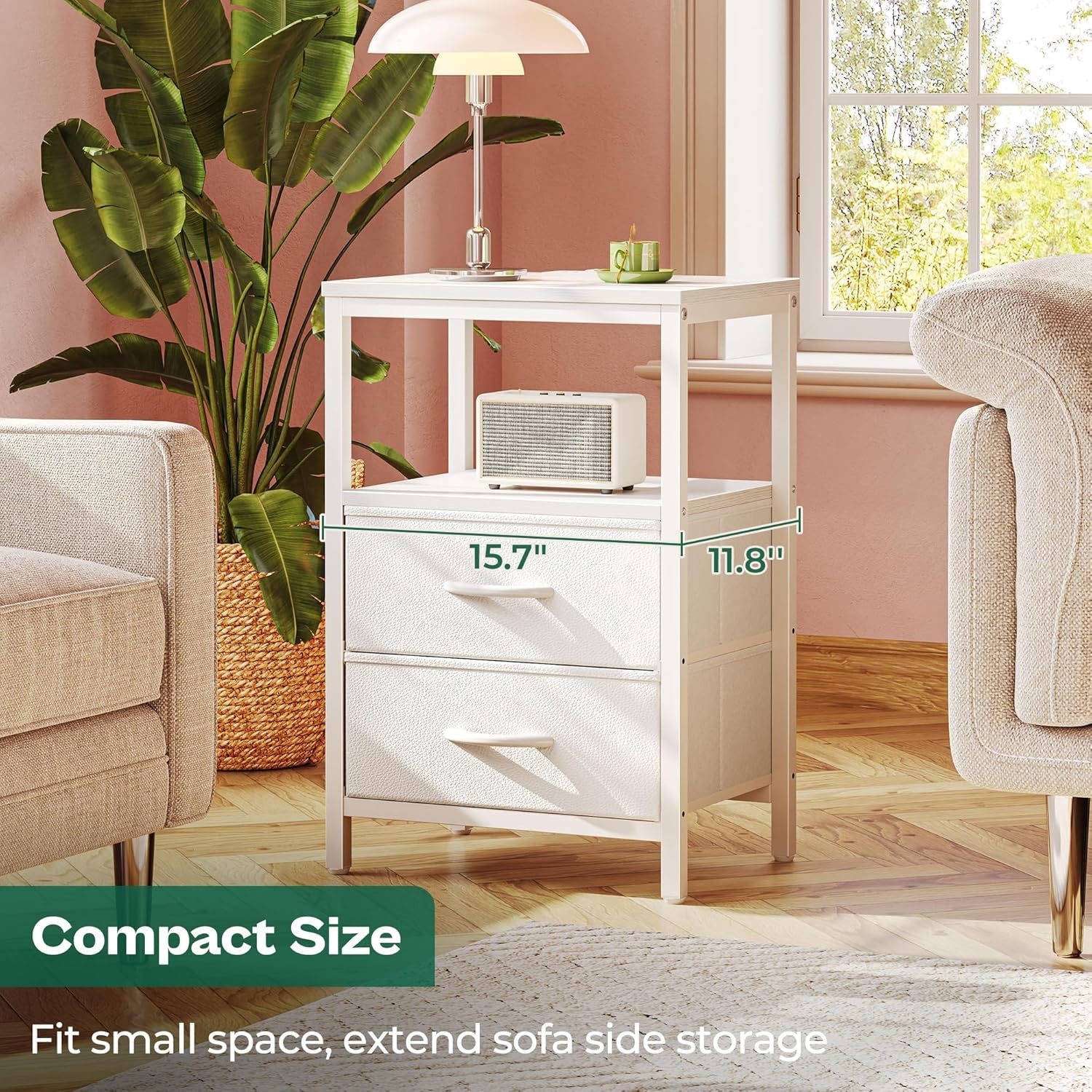 Nightstand with Charging Station, Side Table with 2 Fabric Drawers, End Table with Open Shelf, Bedside Table with USB-C Port and Outlets, Night Stand, PU Leather, White