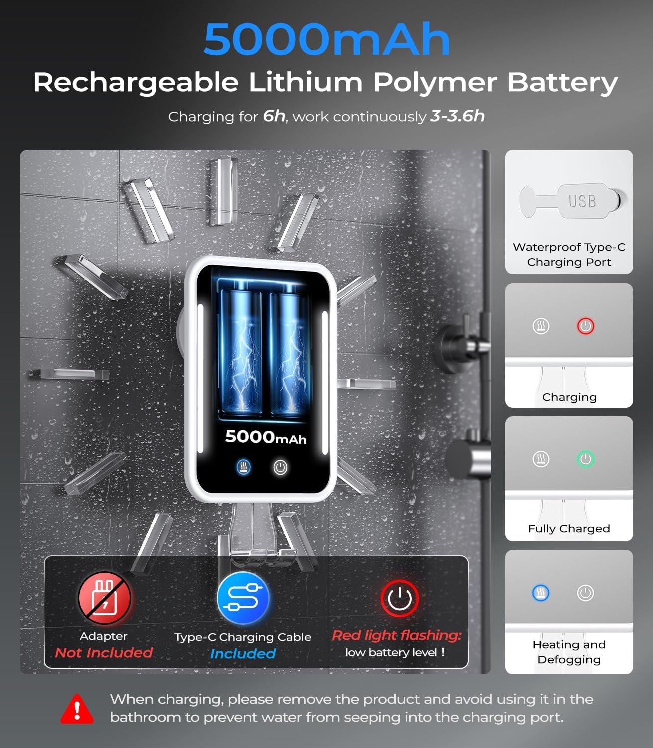 Heated Shower Mirror Fogless for Shaving with Light, 5000Mah Rechargeable Battery, Detachable Suction Cup and Razor Holder for Wall, No-Drilling, Removable, Waterproof for Bathroom - White