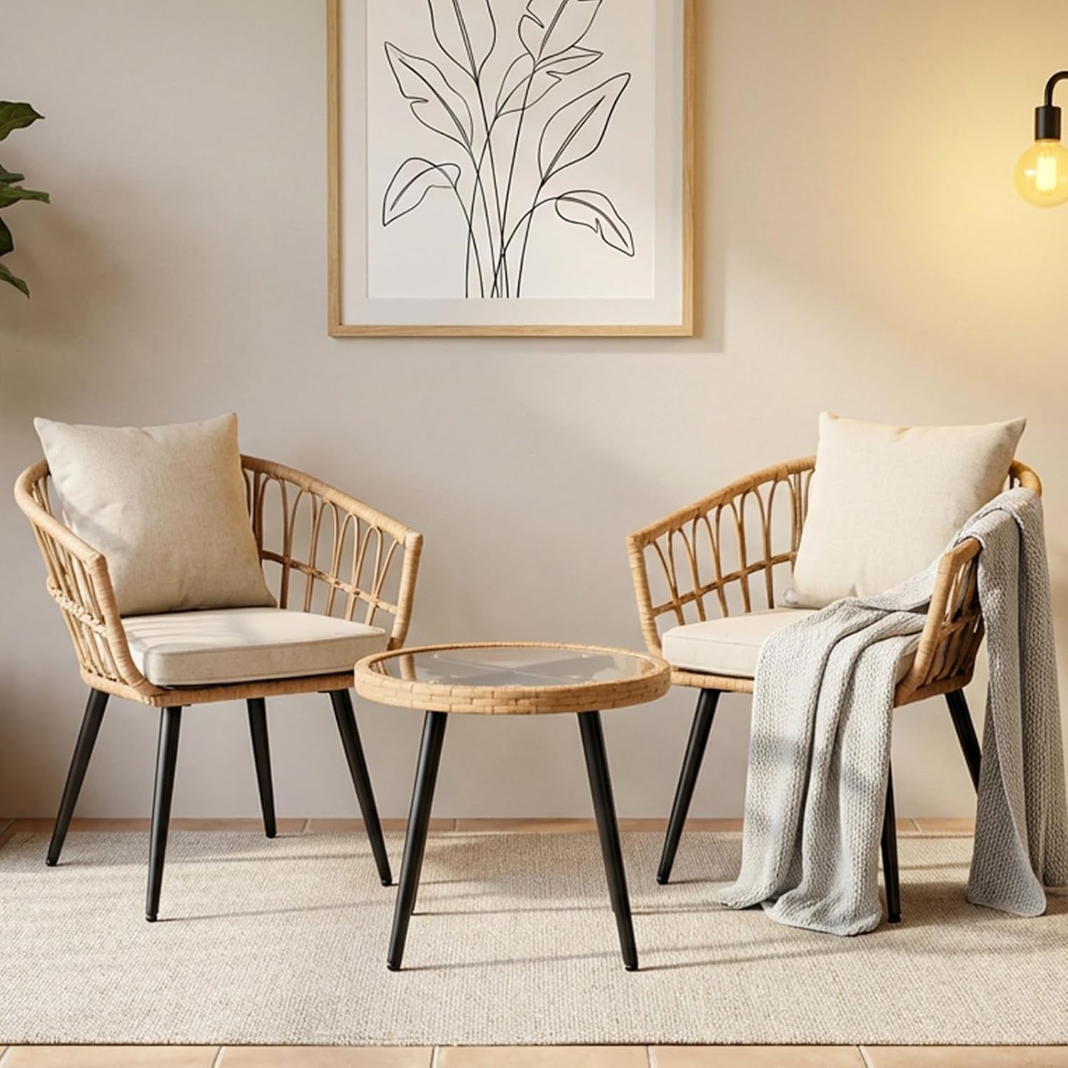 3-Piece Patio Dining Set, Featuring a round PE Rattan Table and 2 Chairs, Suitable for Bedrooms, Porches and Gardens All-Weather Furniture Set Includes Tempered Glass, Thick Cushions