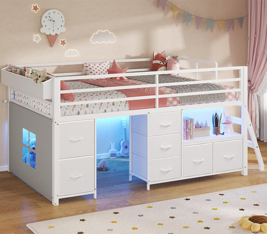 Low Loft Bed Twin Size with 7 Storage Drawers, Bookcase and LED Lights, Metal Kids Loft Bed with 14" H Safety Guardrail,Inclined Ladder and Play Curtain, Under-Bed Play Space, White
