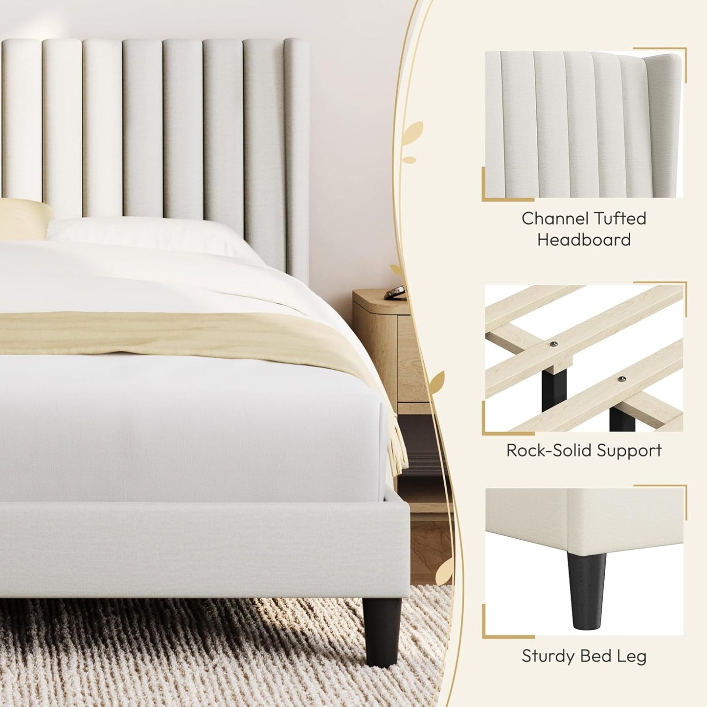 Yaheetech Queen Bed Frame Upholstered Platform Bed with Fabric Headboard, Wing Edge Design/Non-Slip and Noise-Free/Wooden Slats Support/No Box Spring Needed/Easy Assembly, Ivory Queen Bed