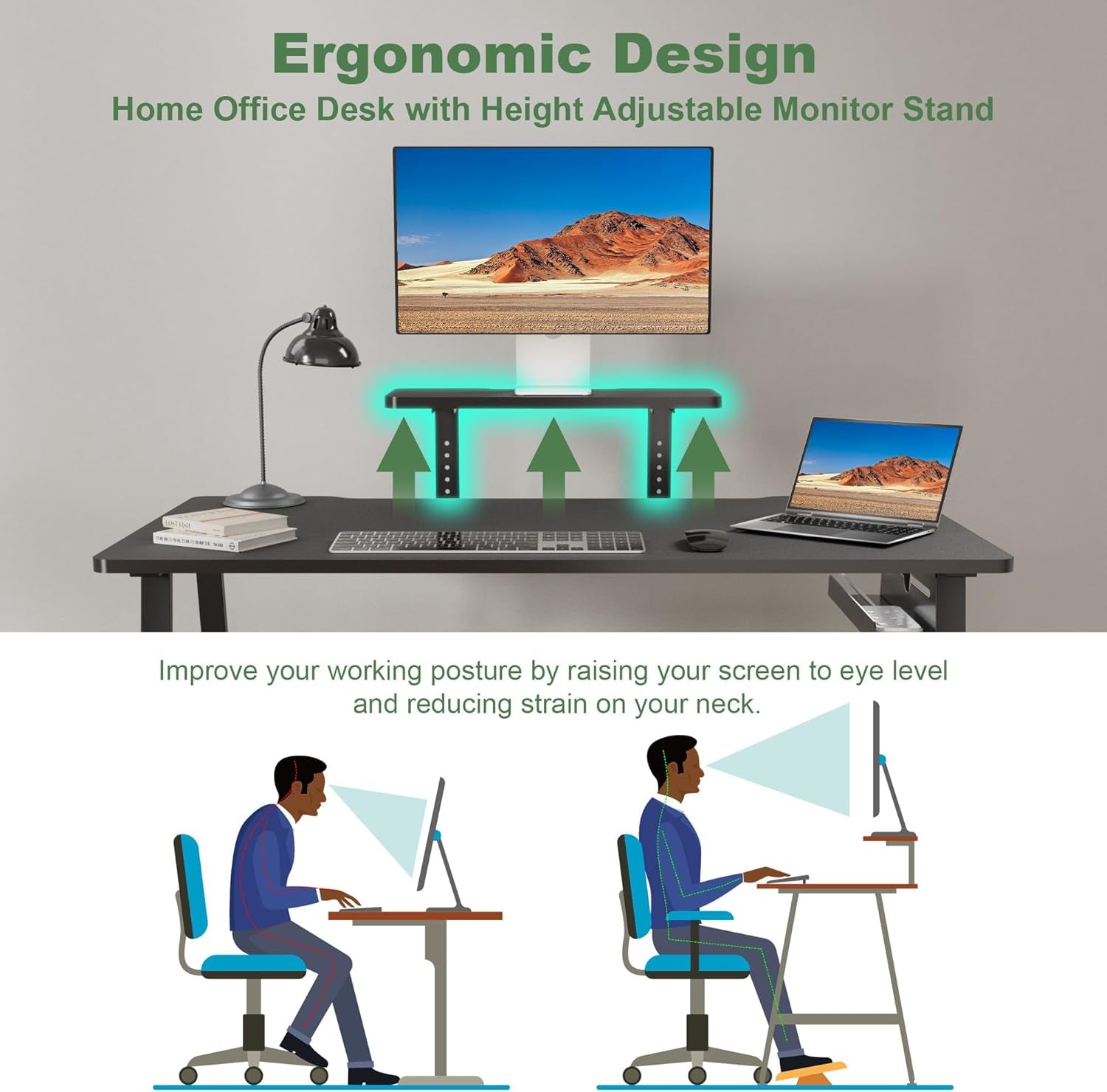 Height Adjustable Computer Desk - 47" Gaming Desk, Small Home Office Desk with Monitor Stand, Modern Simple Table Study Writing Work, Living Room Home Bedroom PC Table, Metal Frame, Black
