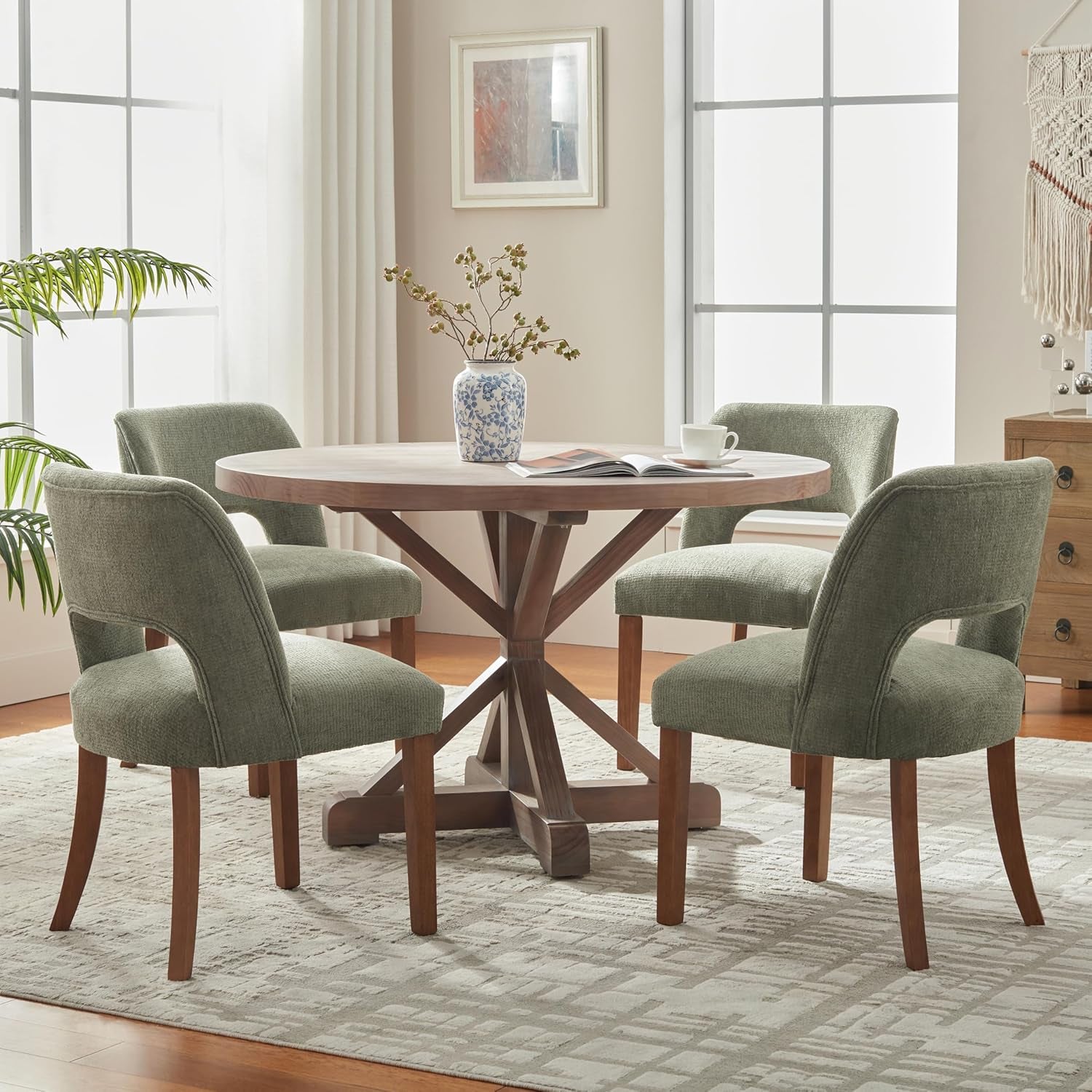 Wooden Dining Chairs Set of 2, Modern Fabric Upholstered Dining Room Chair Kitchen Chairs, Farmhouse Dinner Chair for Kitchen Dining Room, Green