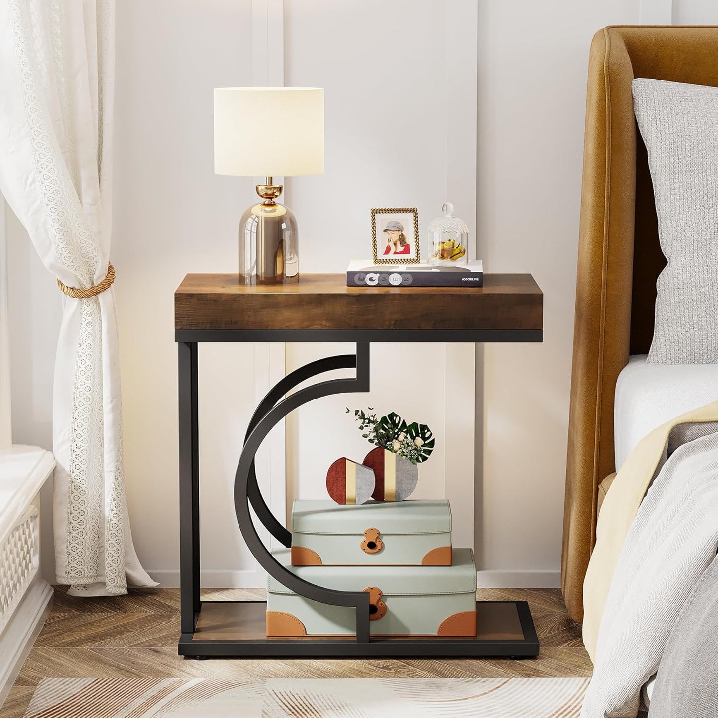 Narrow Side Table Brown Black C Shaped End Table Modern Bedside Tables for Couch, Small Sofa Tables with Metal Frame for Living Room (1, Brown+Black)