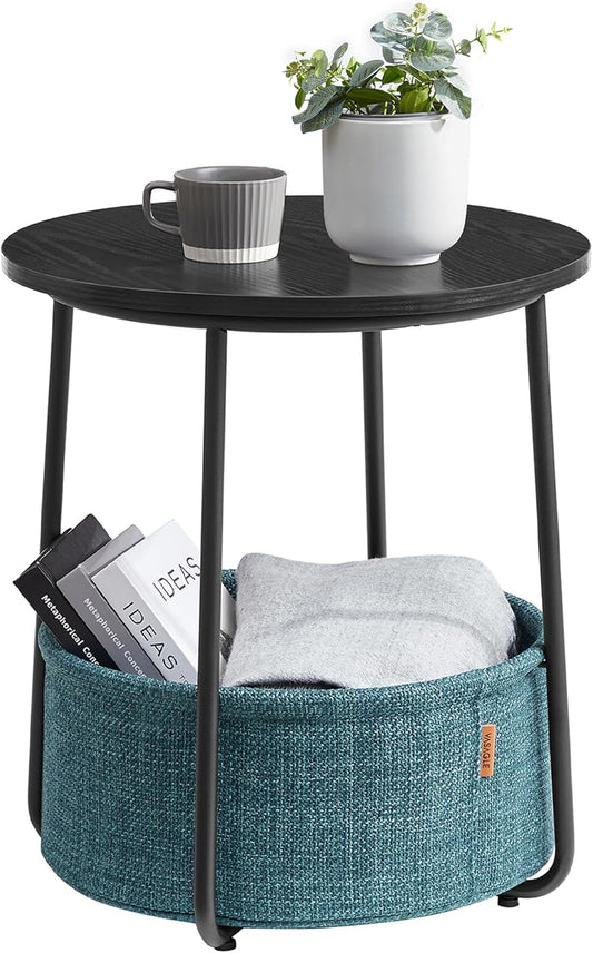 Small round Side End Table, Modern Nightstand with Fabric Basket, Ebony Black and Turquoise Blue ULET223B56