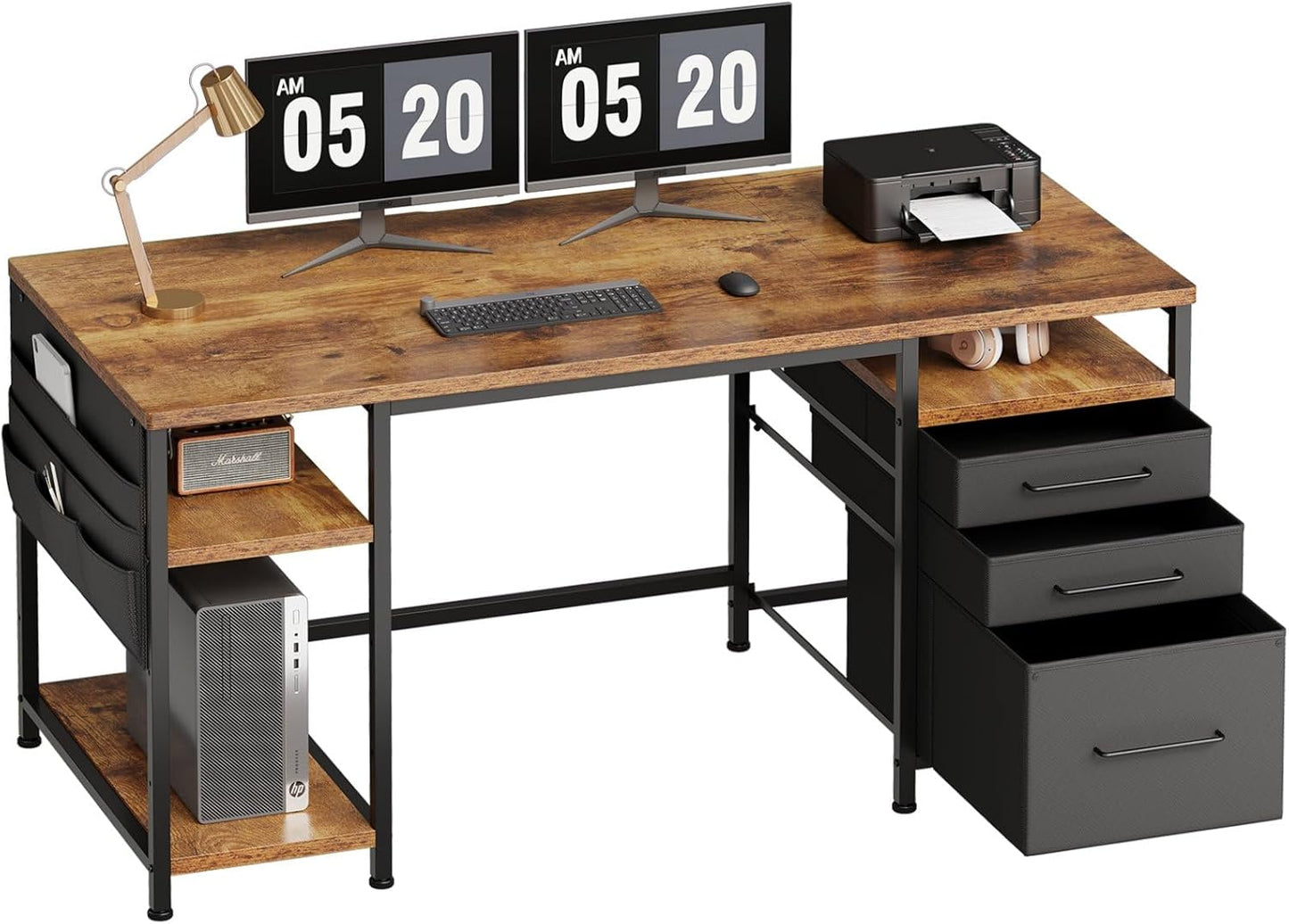 Home Office Desk with Drawers Adjustable Shelves, 59 Inch Writing Desk with File Cabinet, Large Computer Desk with Storage, Rustic Brown