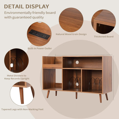 Record Player Stand with Charging Station & USB Ports, Mid-Century Turntable Stand Table Holds up to 300 Albums, Vinyl Record Storage Cabinet with Wood Legs for Living Room Office(Walnut)
