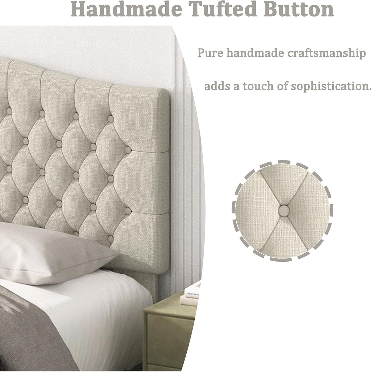 King Headboard Only, Upholstered Headboard King Size for Adjustable Bed Linen Tufted Wall Mounted Head Board with Solid Wood Legs, Ivory