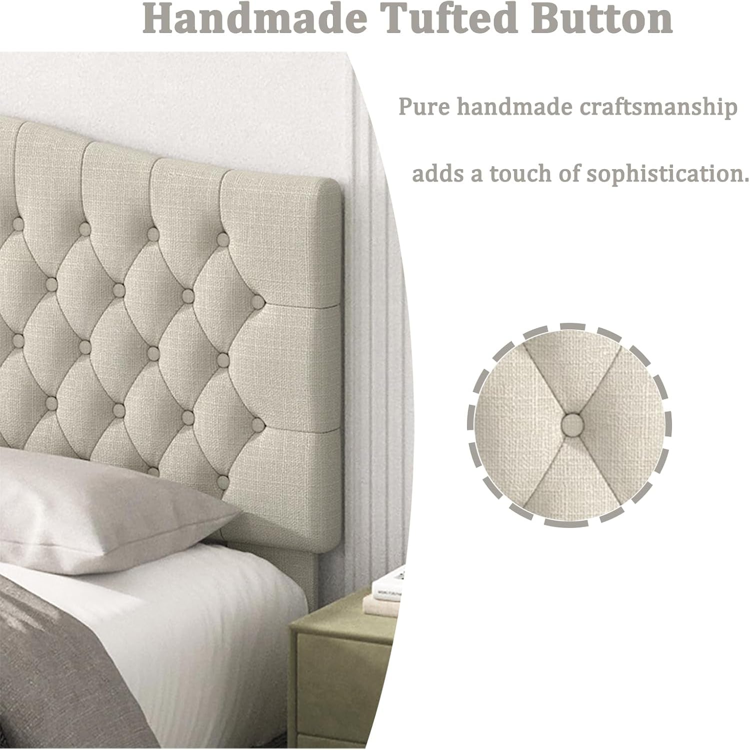King Headboard Only, Upholstered Headboard King Size for Adjustable Bed Linen Tufted Wall Mounted Head Board with Solid Wood Legs, Ivory