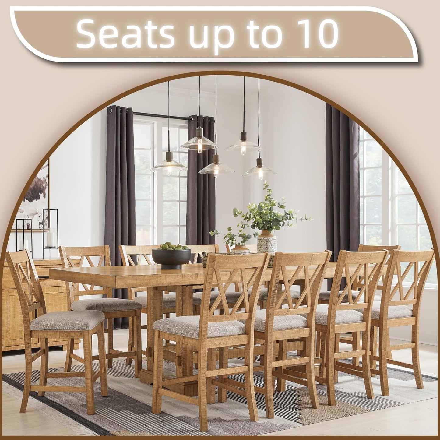 Havonplane Rustic Distressed Counter Height Dining Extension Table with Removable Center Leaf and Double Trestle Base, Light Brown