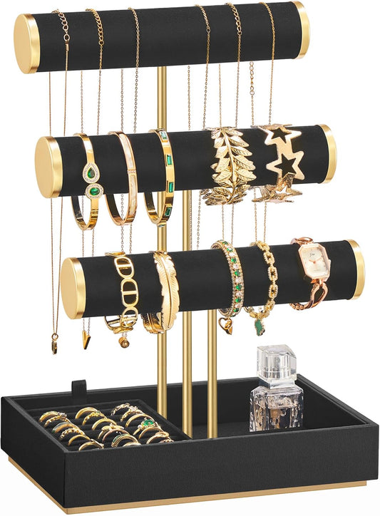 Bracelet Holder Stand, Jewelry Display Stand, Jewelry Organizer, with 3 Tiers and Velvet Tray, Removable Ring Holder, Ink Black UJJS027B01