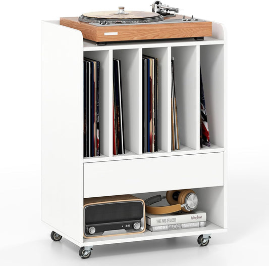 Record Player Stand, Rolling Turntable Stand with Drawer & Lockable Wheels, Record Player Table Holds up to 150 Albums, Vinyl Record Storage for Living Room Bedroom, White