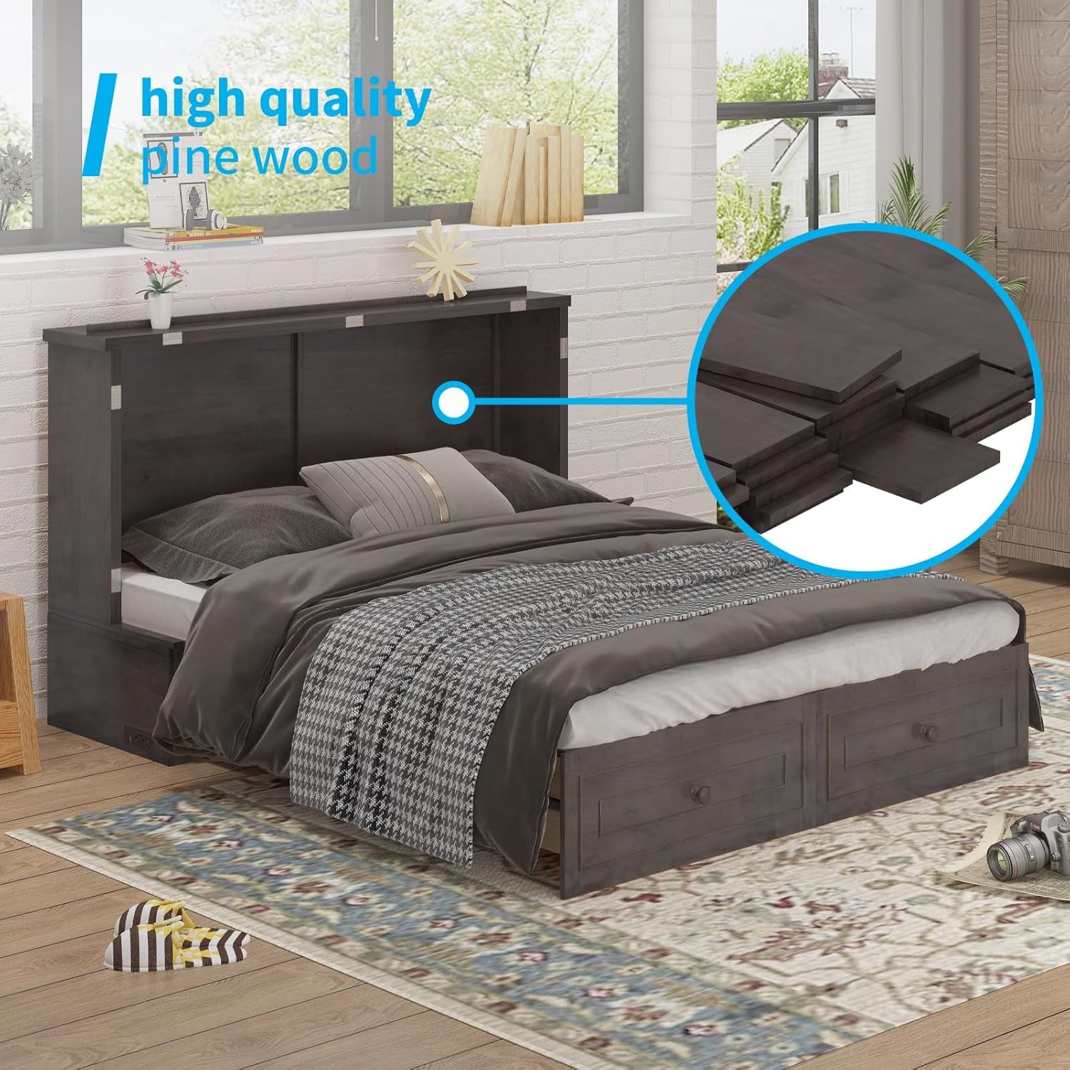 63" Width Queen Size Murphy Bed Cabinet with USB Charging Station, Modern Murphy Cabinet Beds with Drawers & Tri-Folding Mattress, Chest Cabinets Wall Beds for Home Apartment, Dark Grey