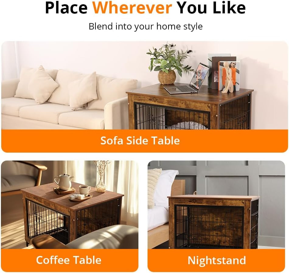 Dog Crate Furniture, Dog Kennel Furniture with Double Door, 32.5" Dog Crates for Medium Dogs with Removable Tray, Brown