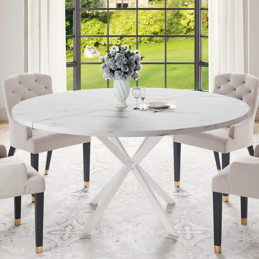 47.24" round Dining Table for 4-6 Person, round Kitchen Table with Wood Top, Circle Dinner Pedestal Tables with Metal Legs for Dining Room Kitchen (White Marble)
