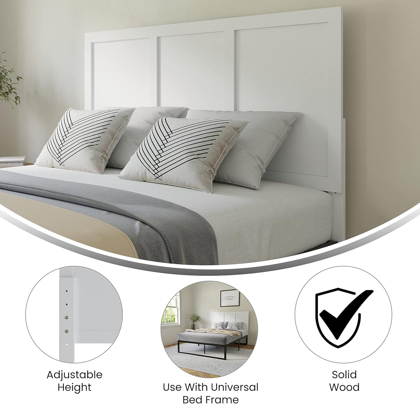 Omar Full Size Wooden Headboard Only, Three Panel Headboard in White