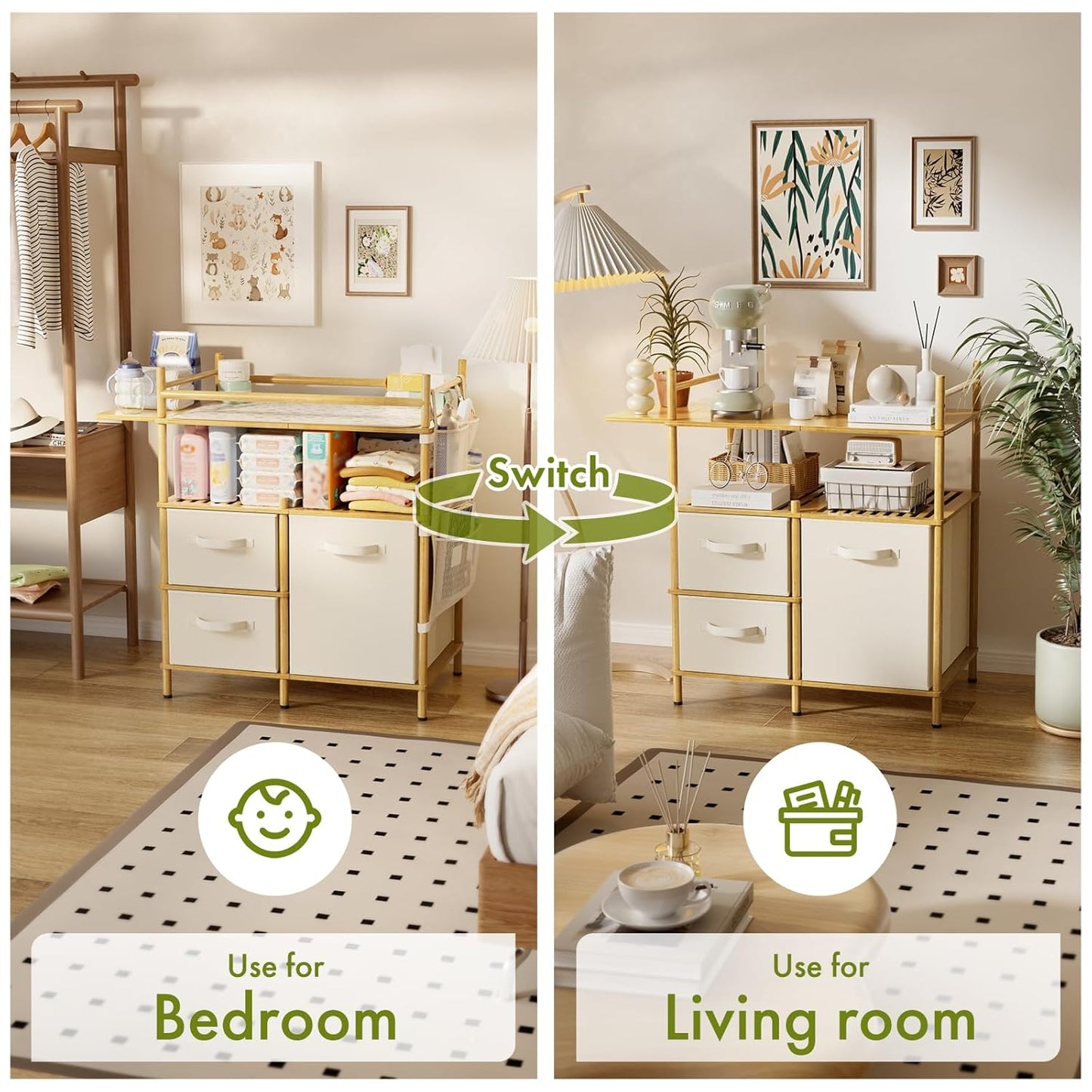 Baby Changing Table, Bamboo Diaper Changing Station with 3 Removable Storage Drawers, Baby Dresser Table with Flat Top, Large Storage Nursery Organizer Shelves with Pad, Mesh Pocket