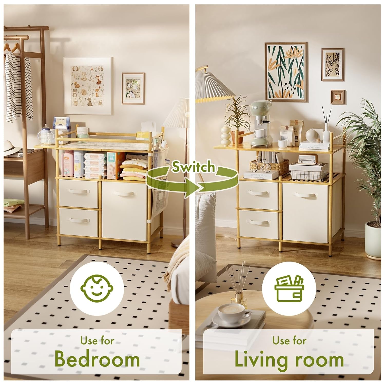 Baby Changing Table, Bamboo Diaper Changing Station with 3 Removable Storage Drawers, Baby Dresser Table with Flat Top, Large Storage Nursery Organizer Shelves with Pad, Mesh Pocket