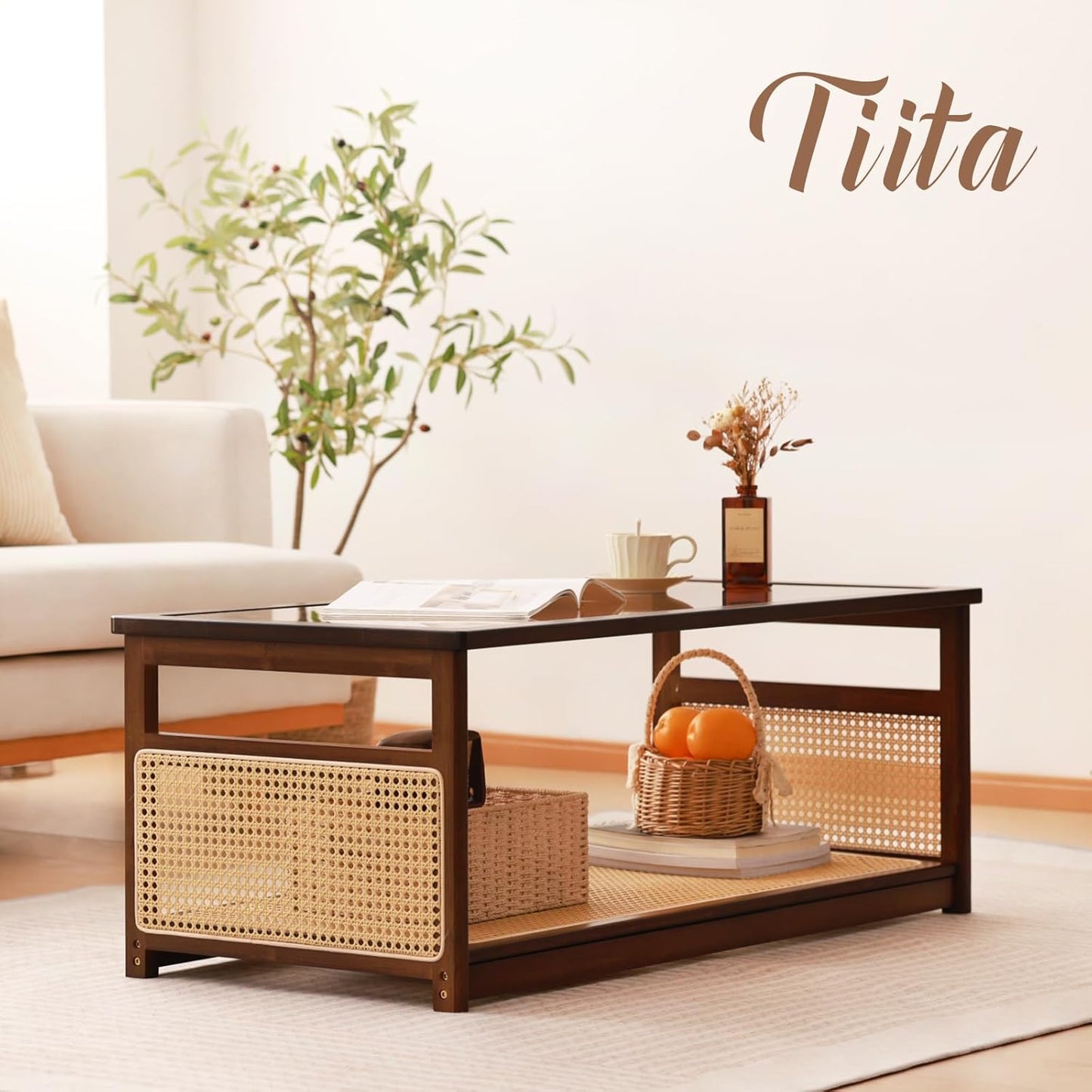 Coffee Tables for Living Room，Mid Century Modern Storage 2-Tier Coffee Tables，Rattan Glass Rectangletables，Suitable for Living Room Apartment，Brown