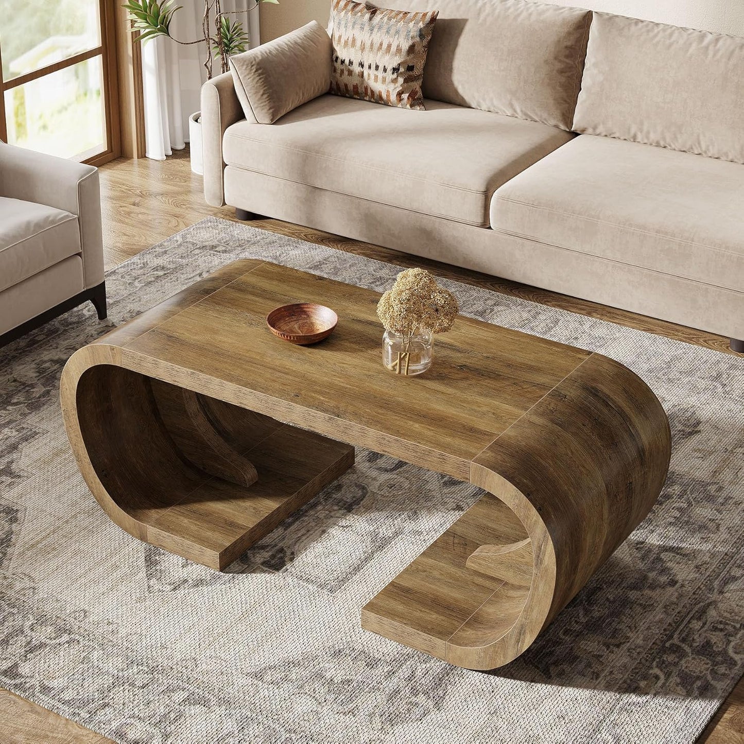 Farmhouse Coffee Table, 47" Heavy Duty C-Shaped Center Table with Curved Base, Large Tea Table for Living Room, Entertainment Room, Home Office, Rustic Brown