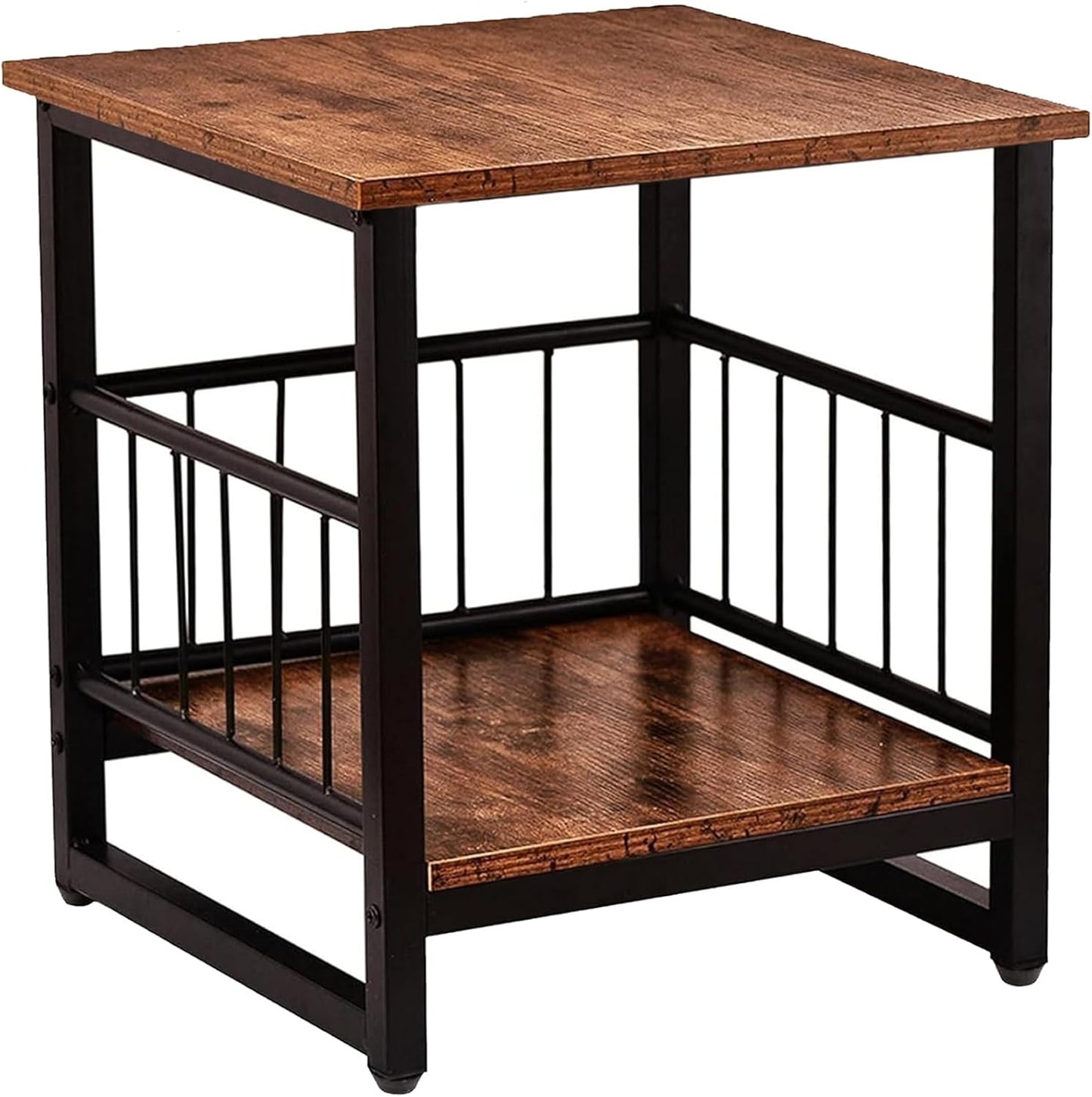 End Table, Industrial Side Table with 2-Tire Storage Shelf, 180LBS Mini Fridge Stand with Adjustable Feet, 18"X18" Wood Night Stand Small Bedside Table with Sturdy Metal Frame for Living Room Bedroom