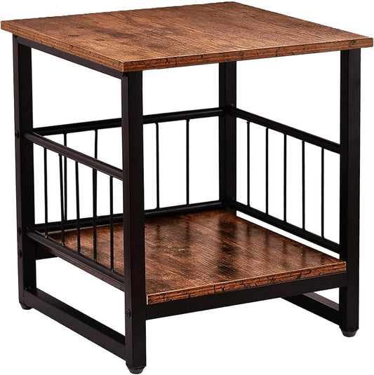 End Table, Industrial Side Table with 2-Tire Storage Shelf, 180LBS Mini Fridge Stand with Adjustable Feet, 18"X18" Wood Night Stand Small Bedside Table with Sturdy Metal Frame for Living Room Bedroom